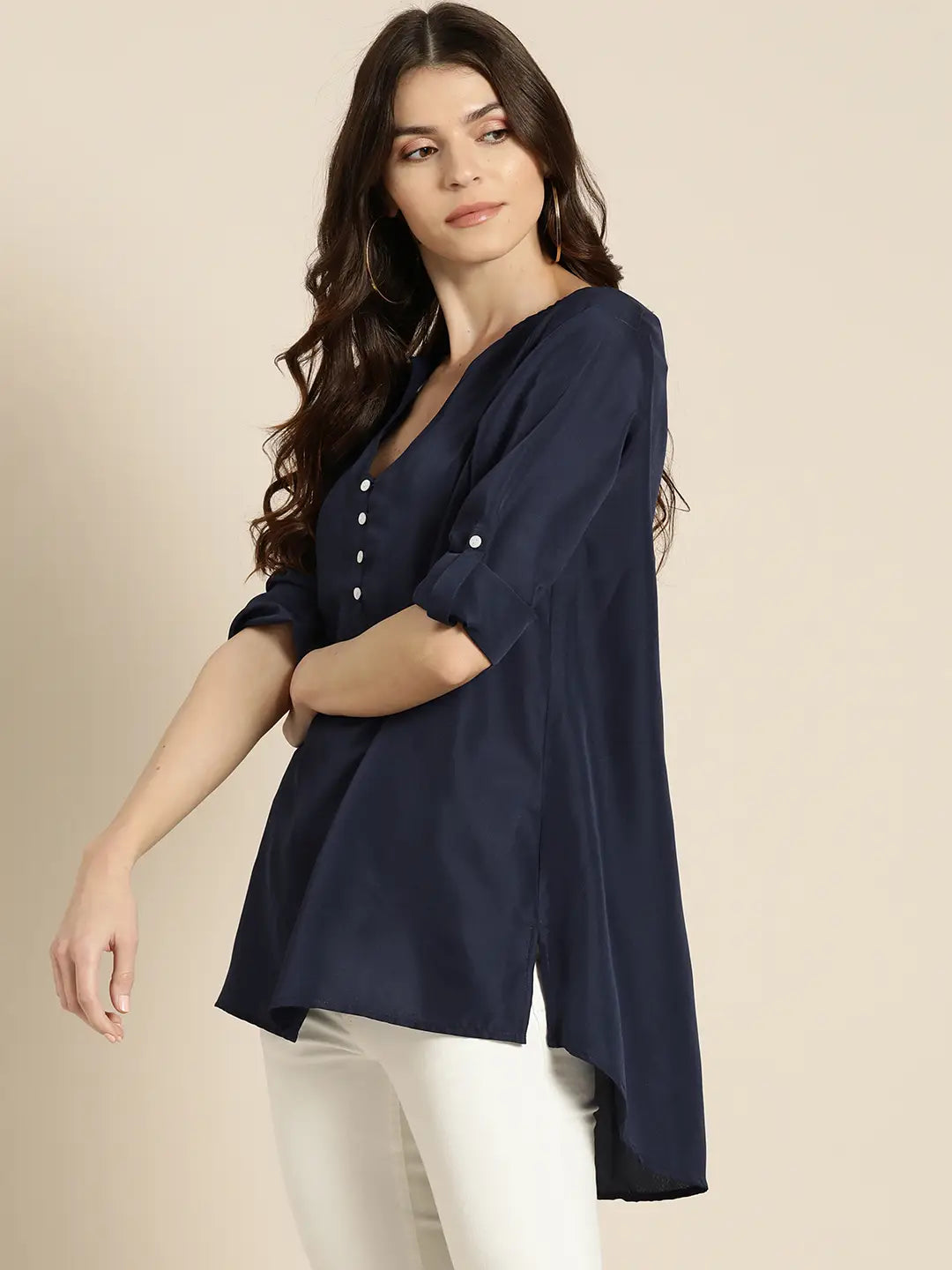 Solid Dark Navy Regular Fit V Neck Three Quarter Roll-up Sleeve Crepe Top