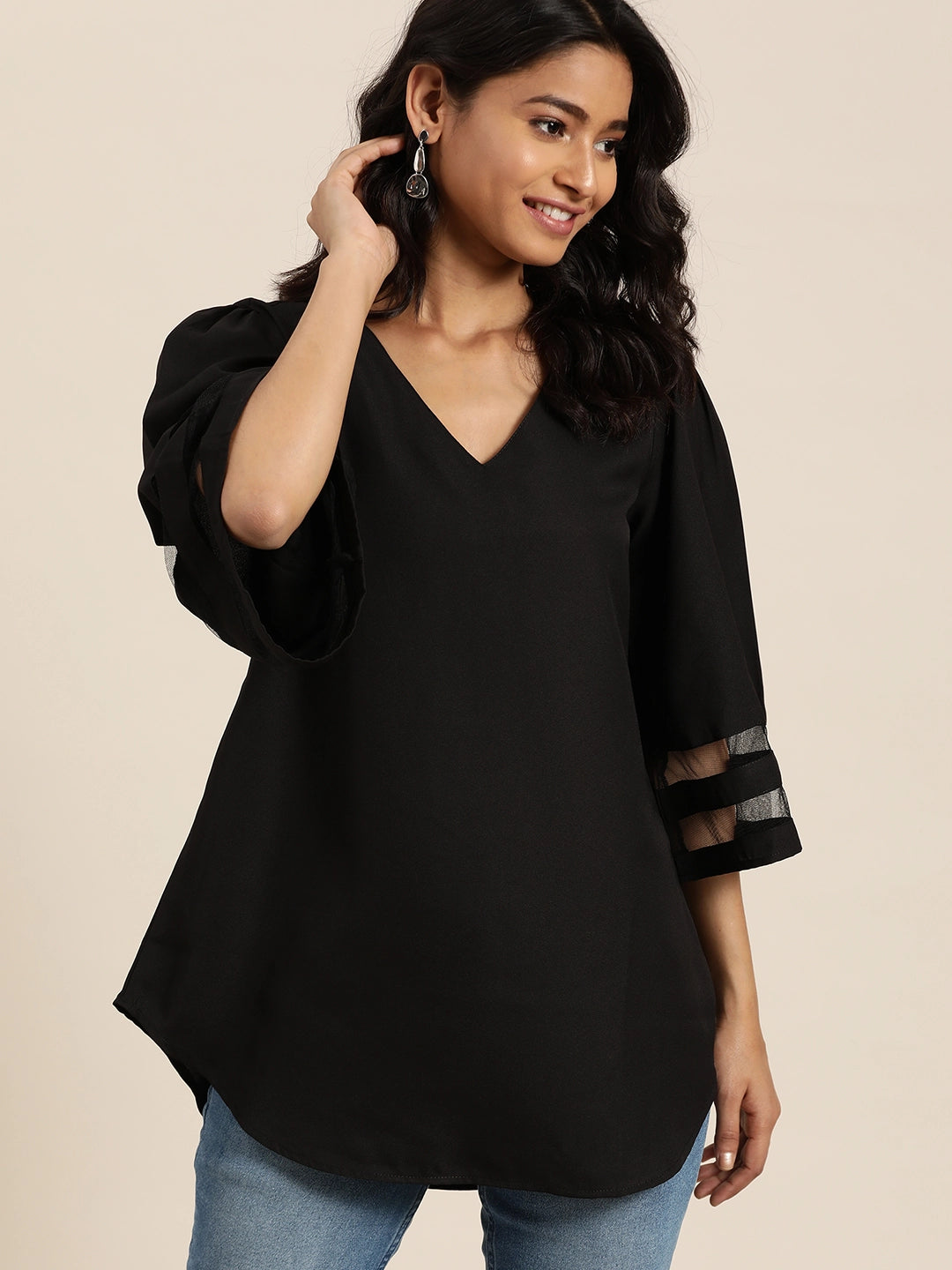 Solid Dark Black Relaxed Fit V Neck Three Quarter Bell Sleeve Crepe Top