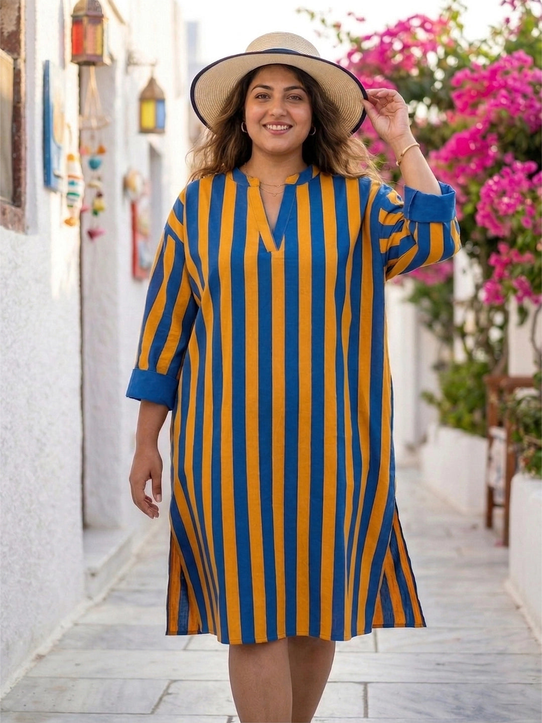 Orange and blue stripe cotton dress
