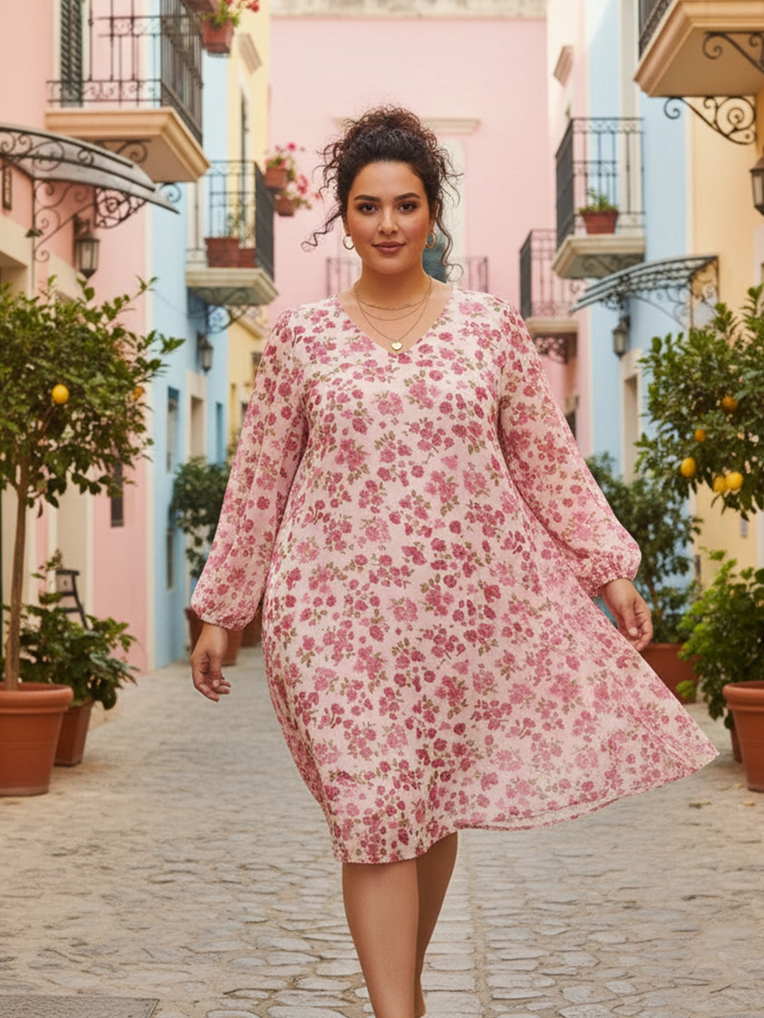 floral dotted a-line dress in pink swiss dot A line Style:Mid Rise Sage Double Layer Soft SIZE:USA 12 / EU 42 / UK 14 shorter in the front