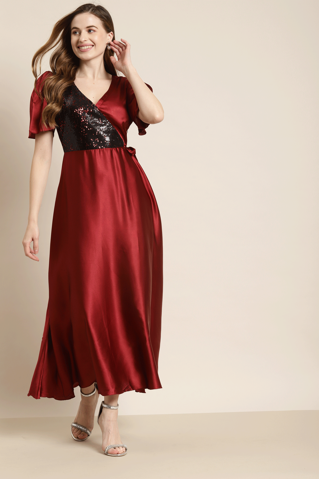 Solid Dark Maroon Slim Fit V Neck Half Bell Sleeve Satin Dress