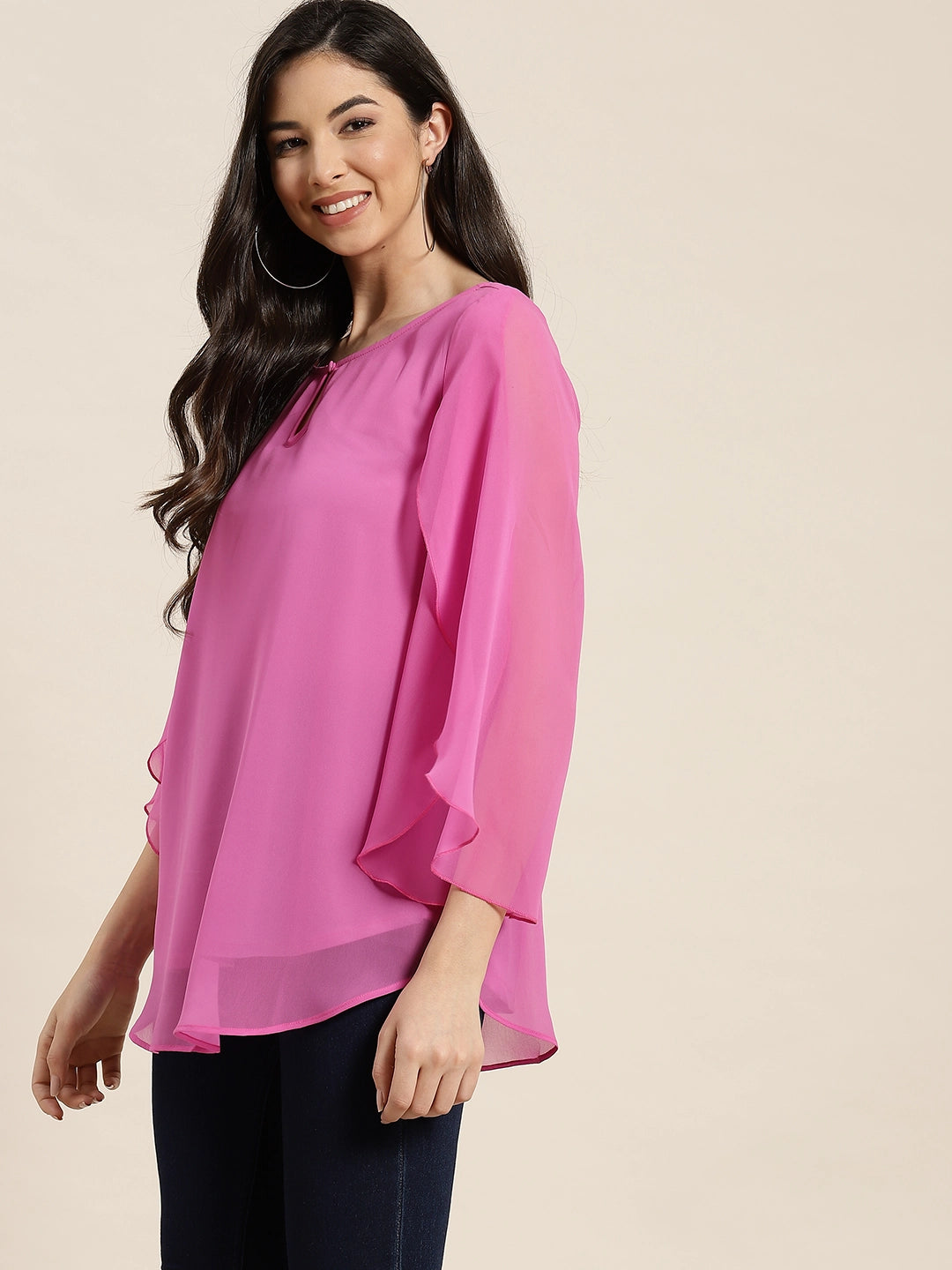 Solid Light Mauve Regular Fit Round Neck Full Petal Georgette Top