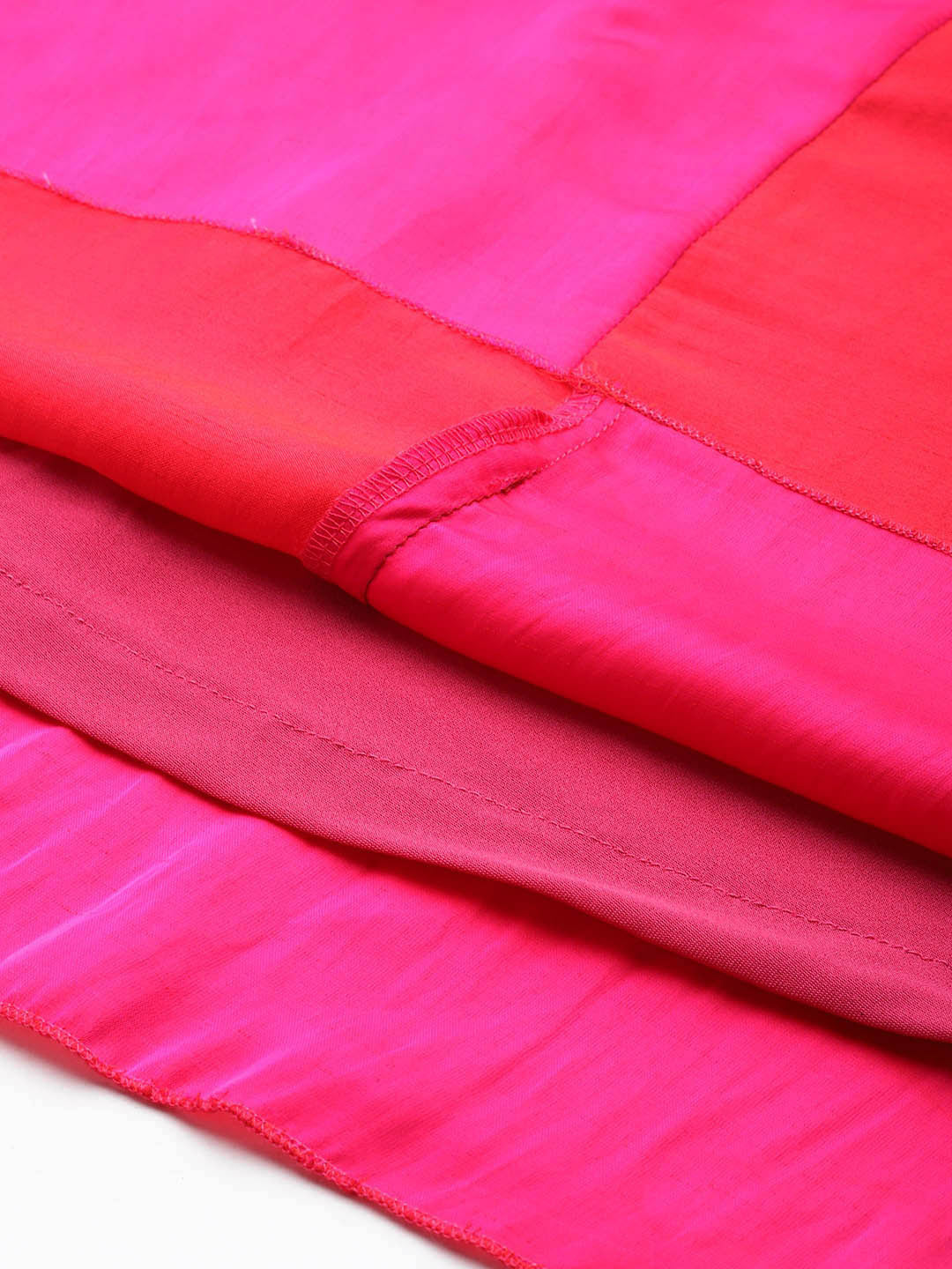 Solid Bright Pink Regular Fit V Neck Three Quarter Bell Sleeve Silk Dress