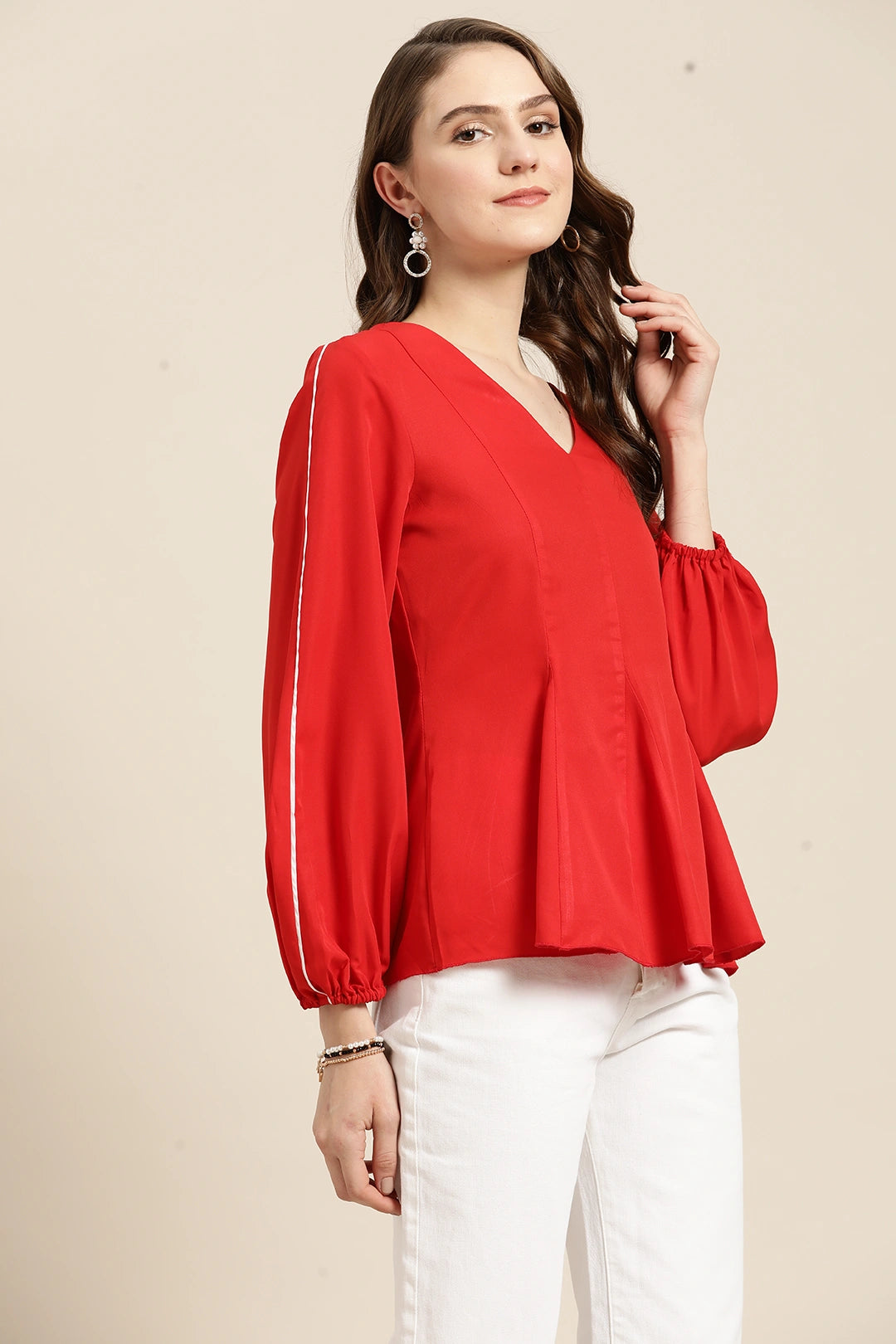 Solid Dark Red Regular Fit V Neck Full  Crepe Top