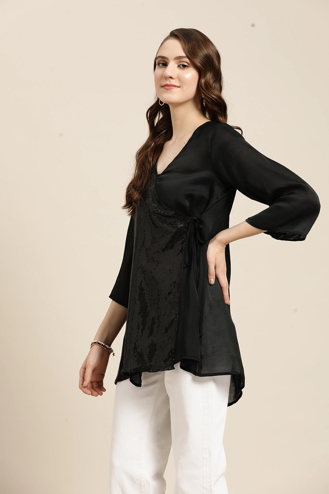 Solid Dark Black Regular Fit V Neck Three Quarter  Silk Top