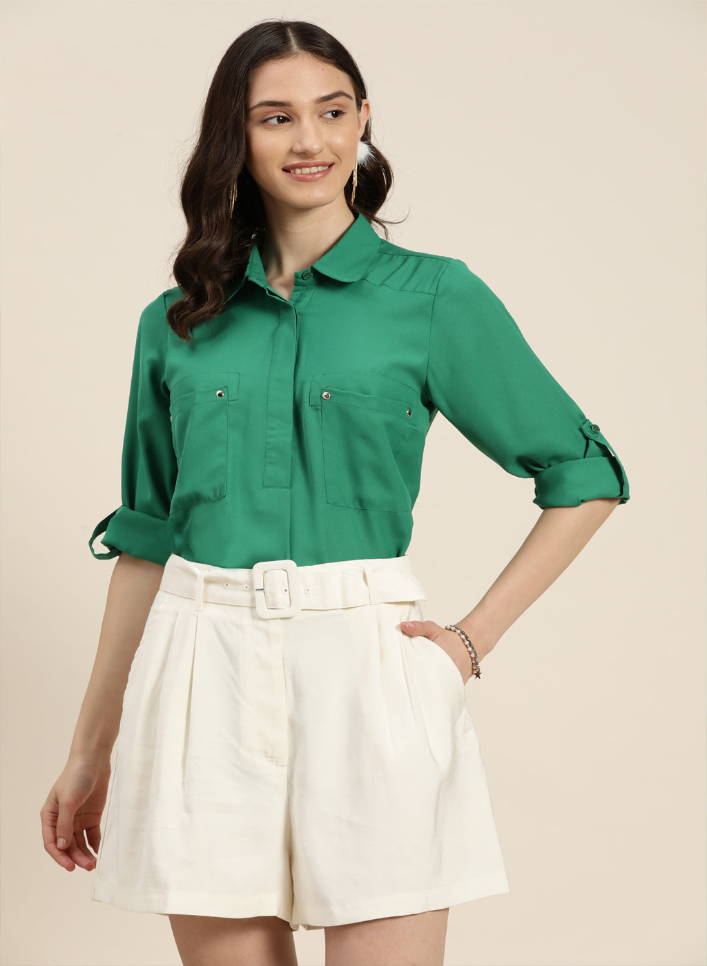 Emerald green collar half placket shirt
