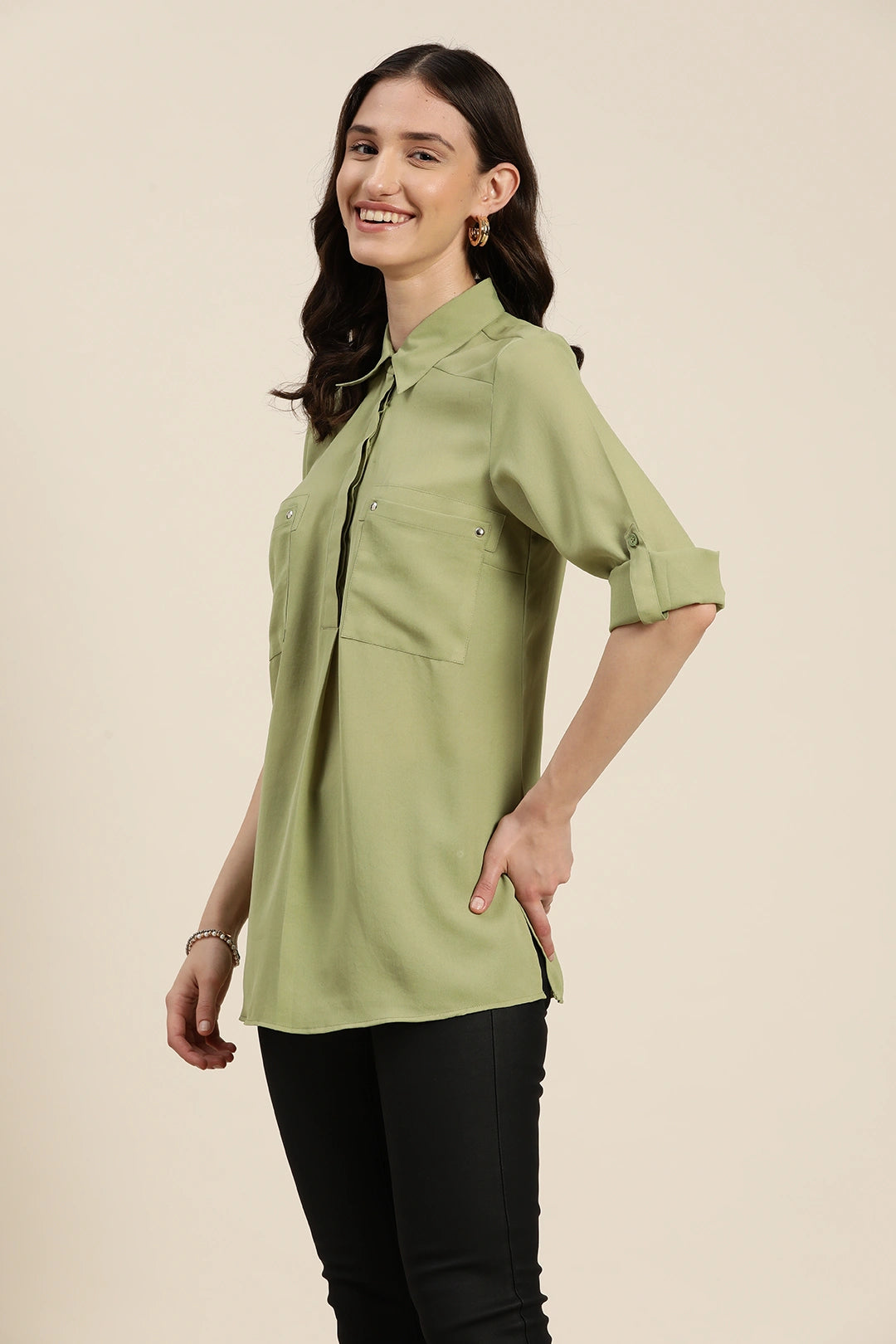Pista green collar half placket shirt