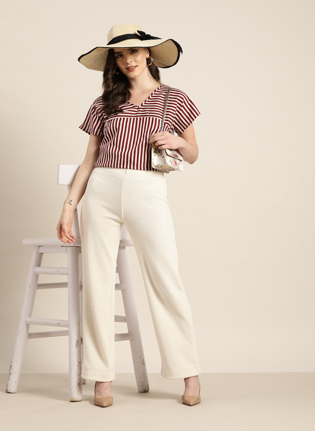 Wine and white stripe v-neck top