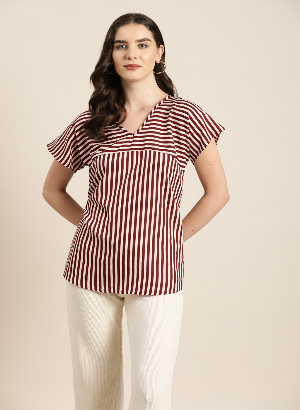Wine and white stripe v-neck top
