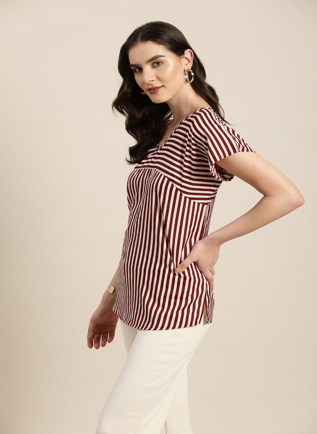 Wine and white stripe v-neck top