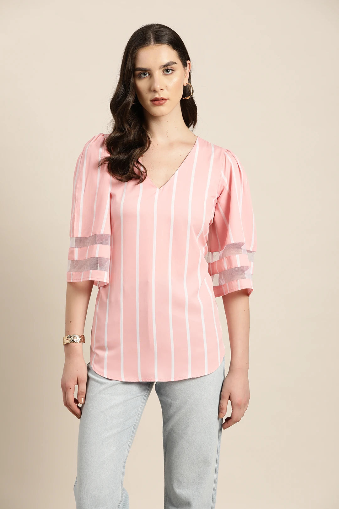 pink and white stripe crepe top