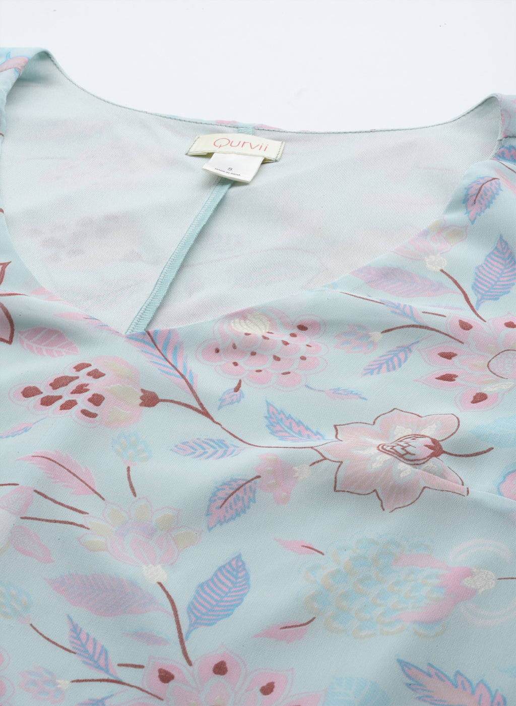 A-line sky blue floral georgette V neck dress