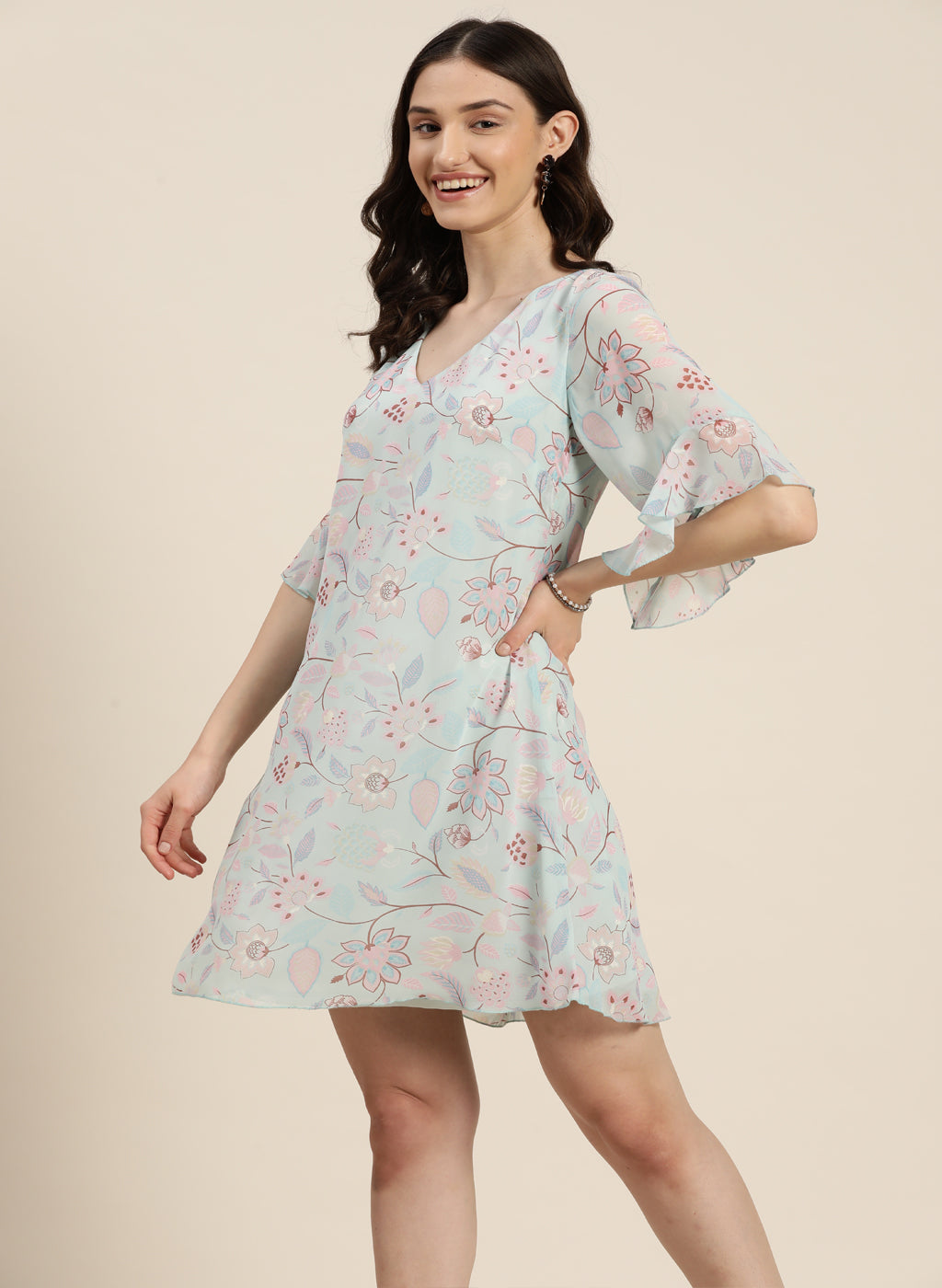 A-line sky blue floral georgette V neck dress