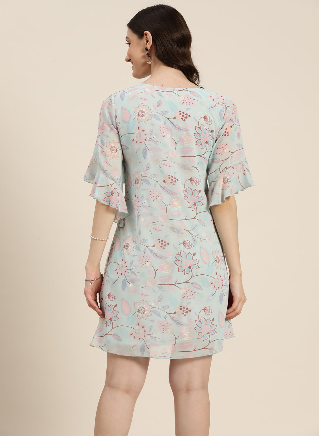 A-line sky blue floral georgette V neck dress