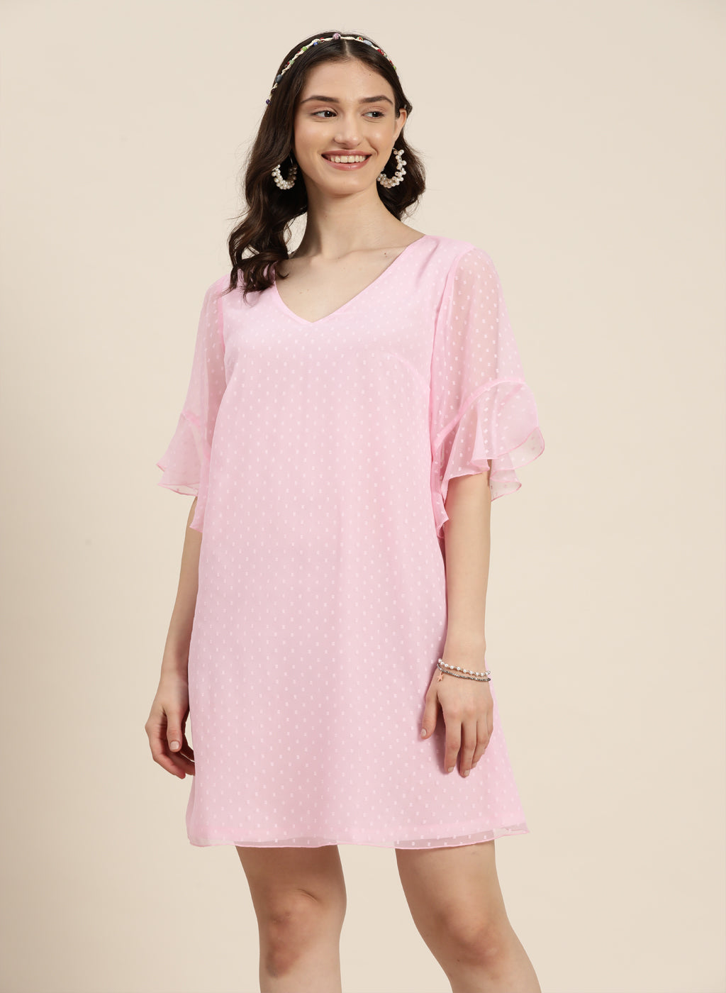 A-line pink swiss dot georgette dress