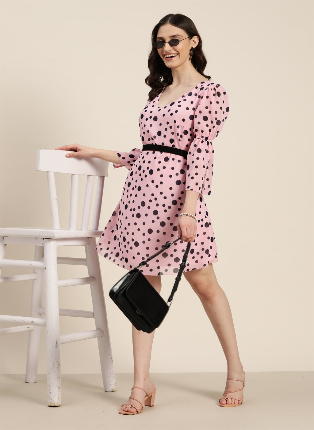 A-line pink polka georgette dress