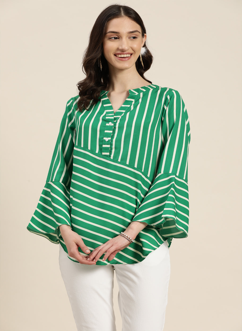 Green and white stripe with mandrain collar top and bell sleeves