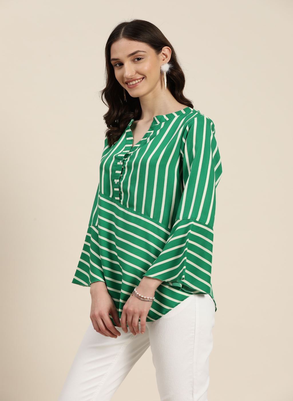 Green and white stripe with mandrain collar top and bell sleeves