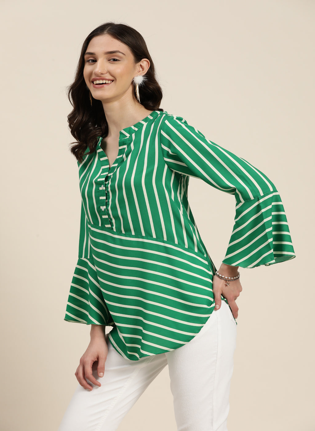Green and white stripe with mandrain collar top and bell sleeves