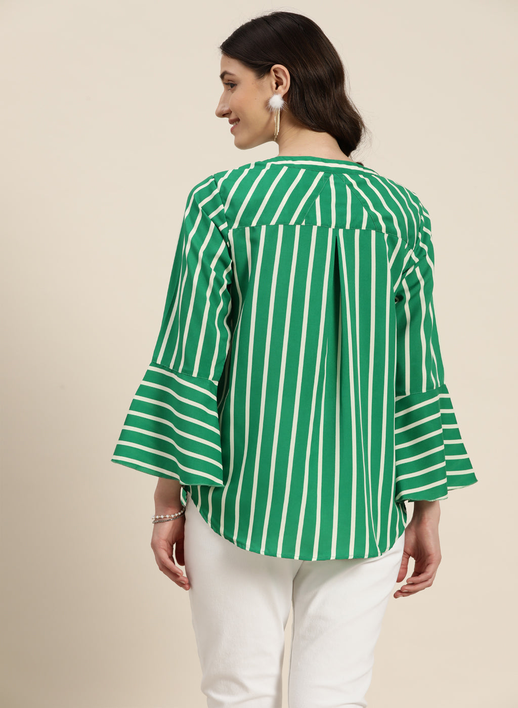 Green and white stripe with mandrain collar top and bell sleeves