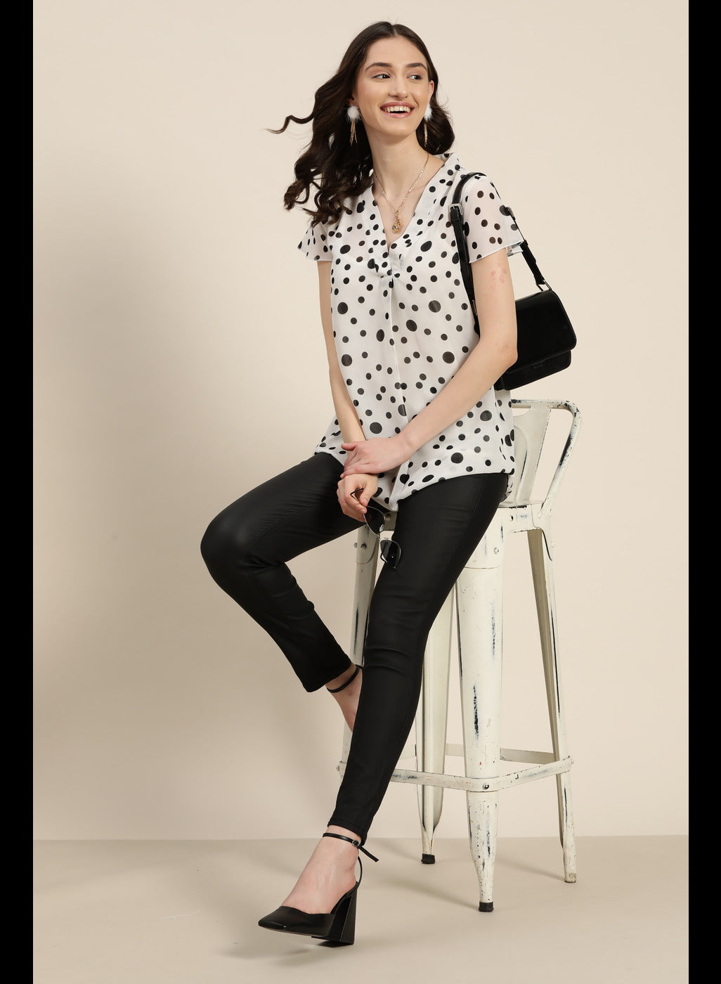 White Polka Georgette V-neck Top