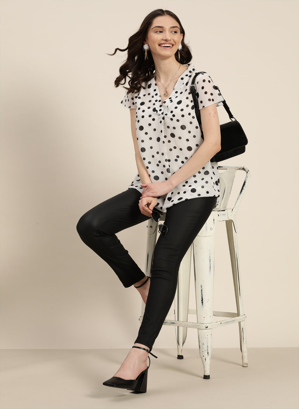 White Polka Georgette V-neck Top
