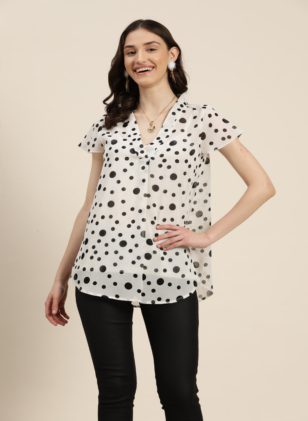 White Polka Georgette V-neck Top