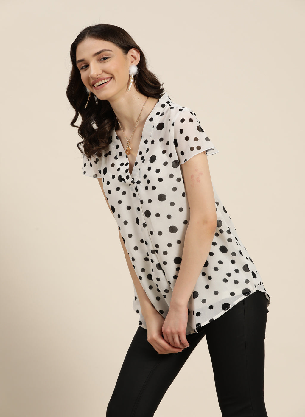 White Polka Georgette V-neck Top
