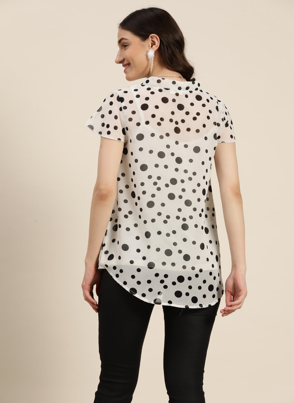 White Polka Georgette V-neck Top
