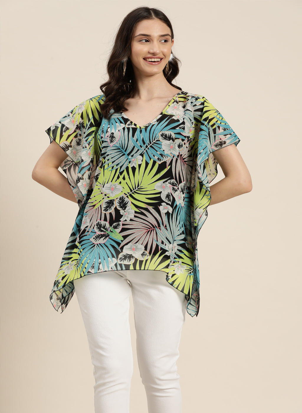 Neon green tropical print kaftan top