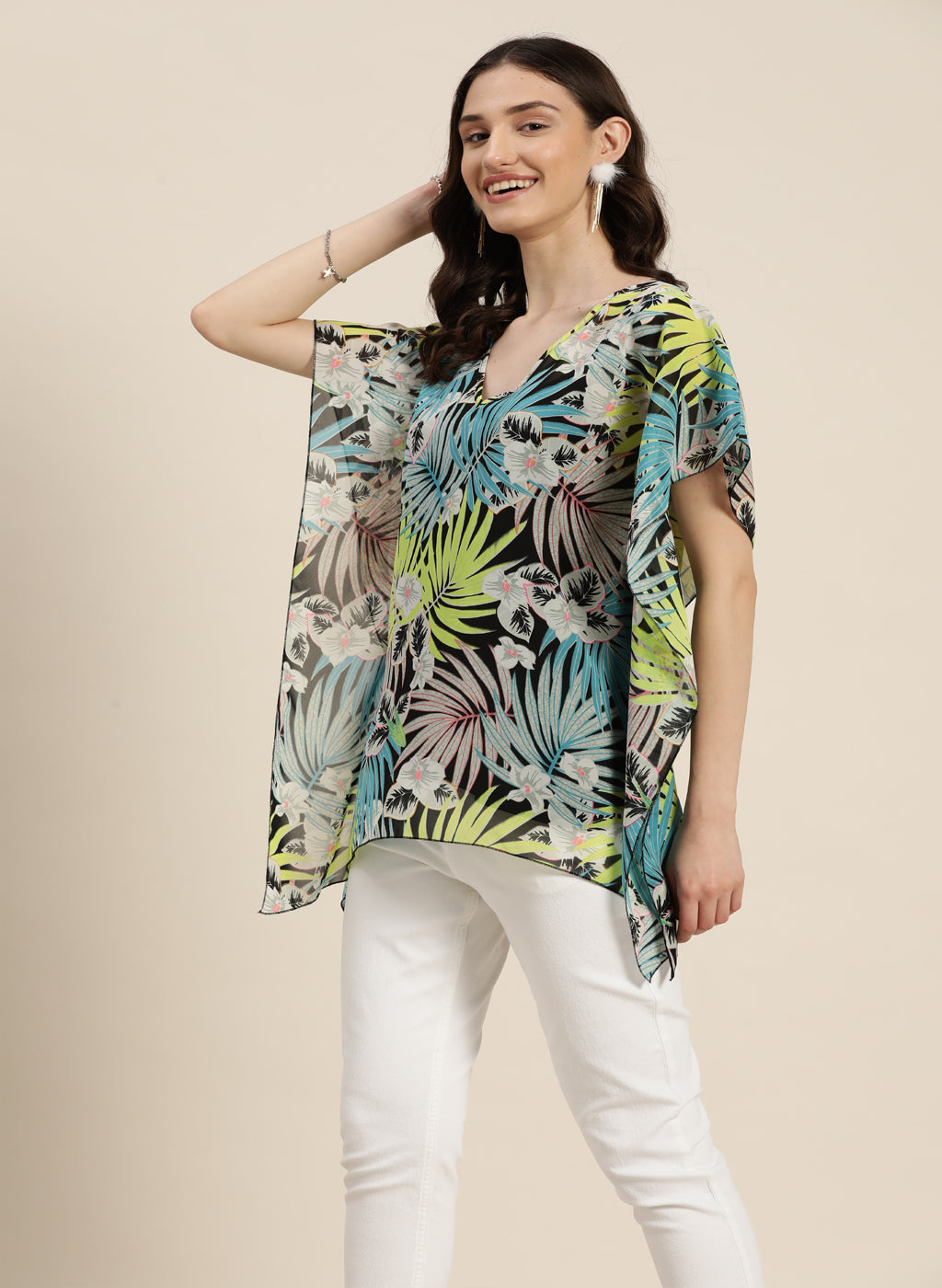 Neon green tropical print kaftan top