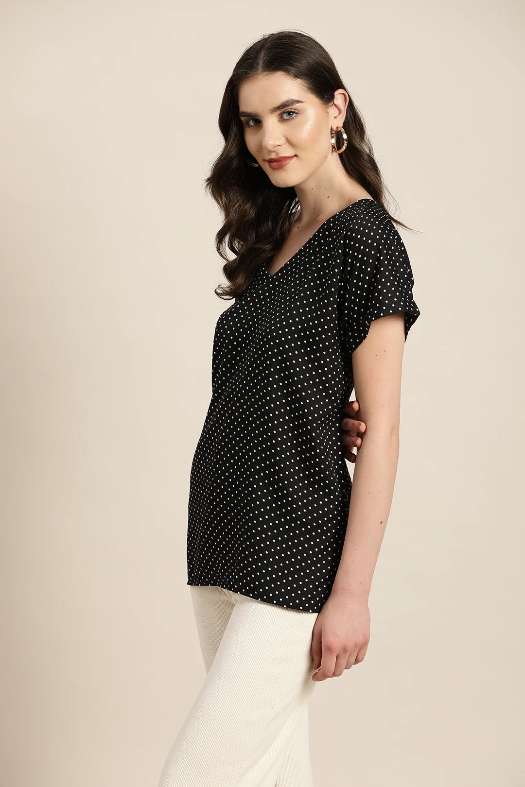 black polka drop shoulder top