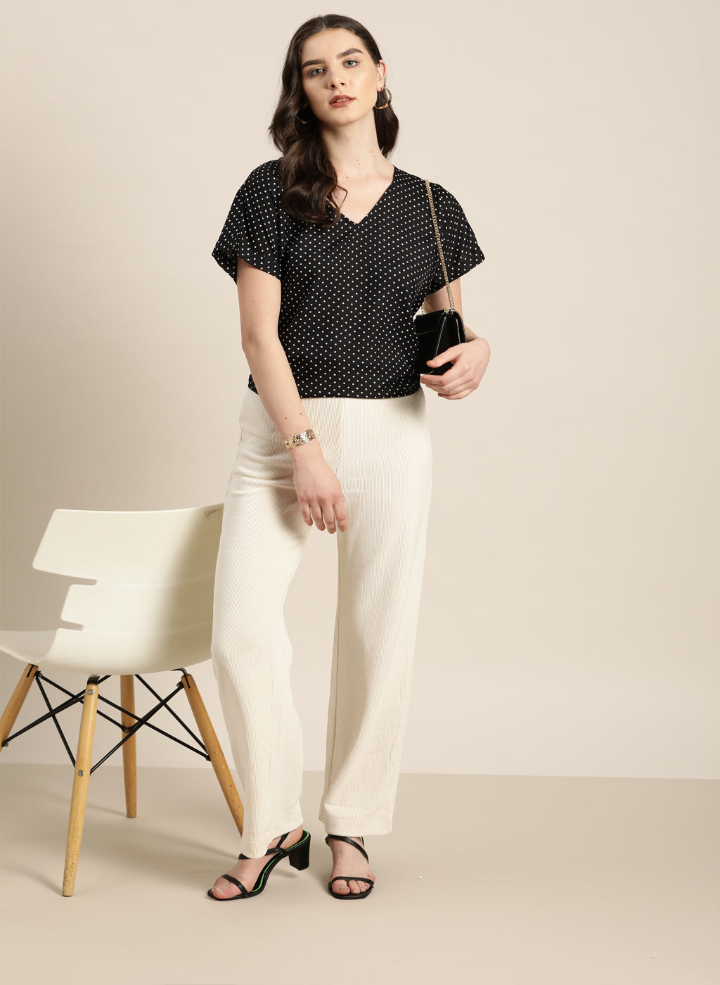 Black Polka Drop Shoulder Top