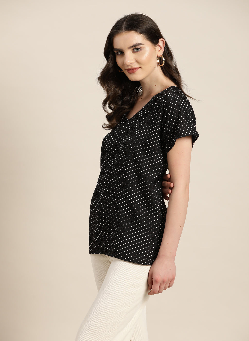 Black Polka Drop Shoulder Top