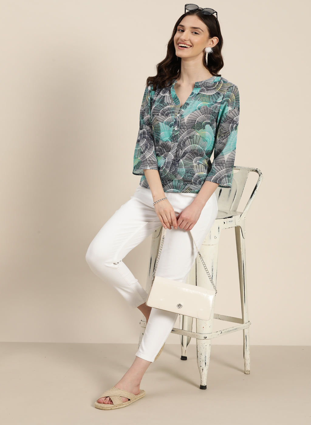 Turquoise Abstract Print Half Placket Shirt