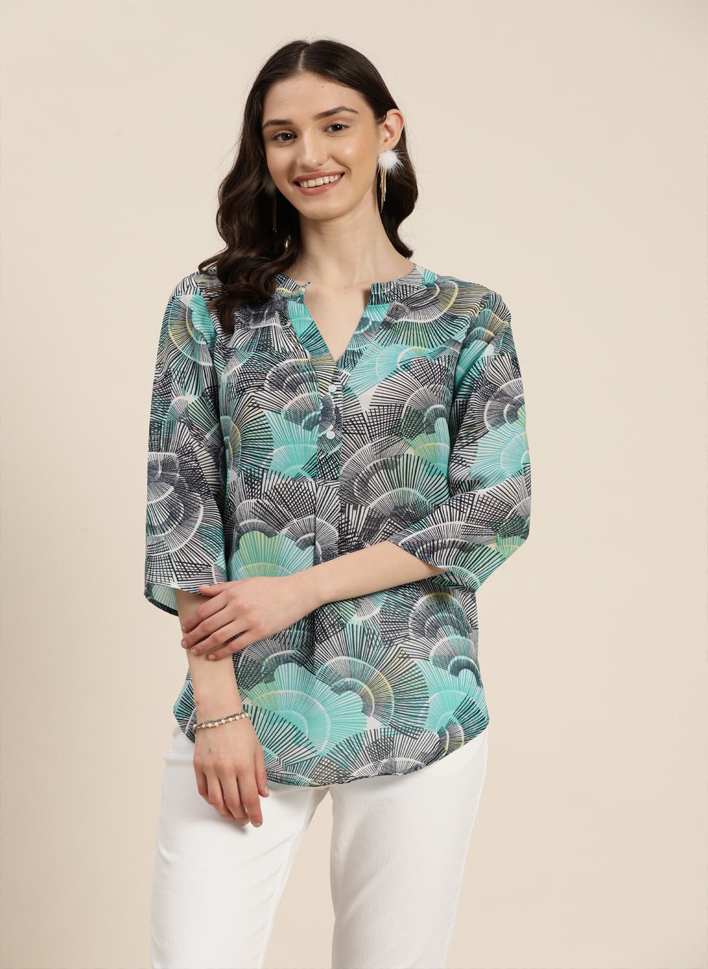 Turquoise Abstract Print Half Placket Shirt