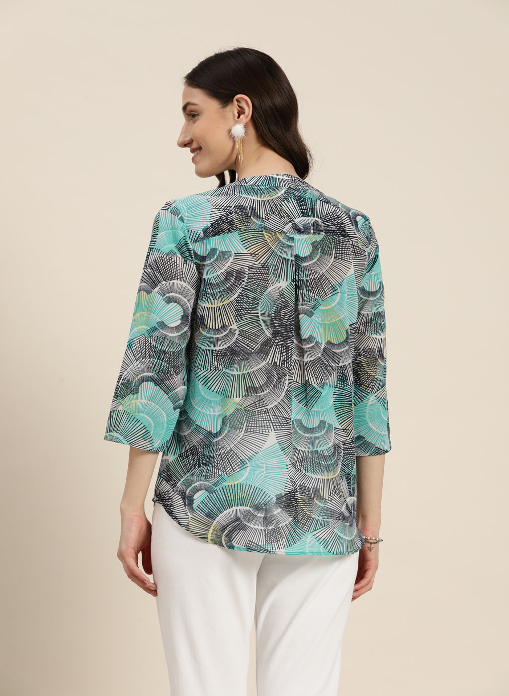Turquoise Abstract Print Half Placket Shirt