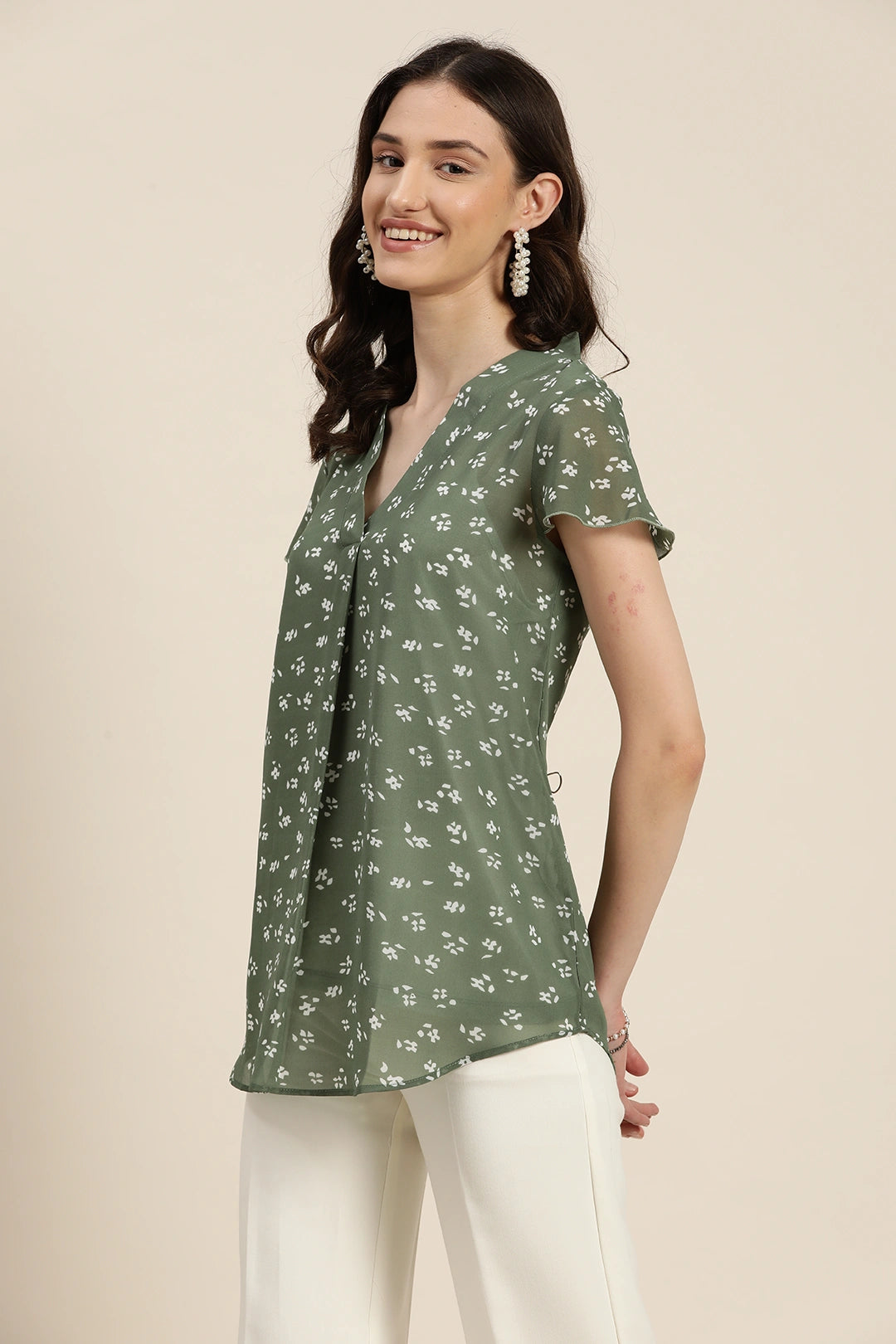 olive floral georgette V-neck top