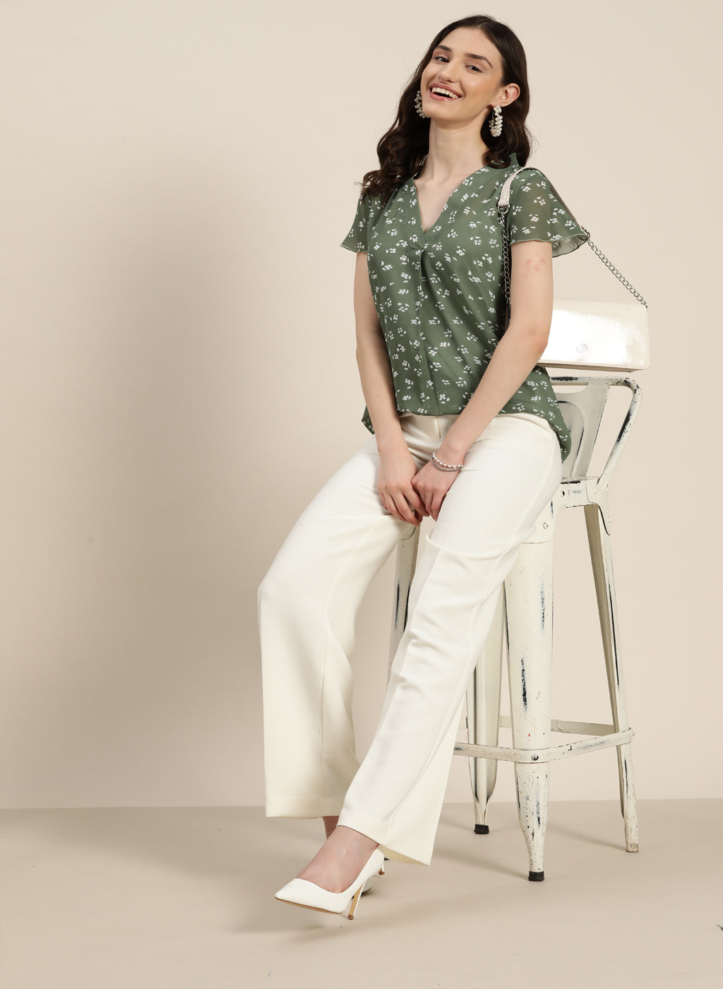 Olive Floral Georgette V-neck Top