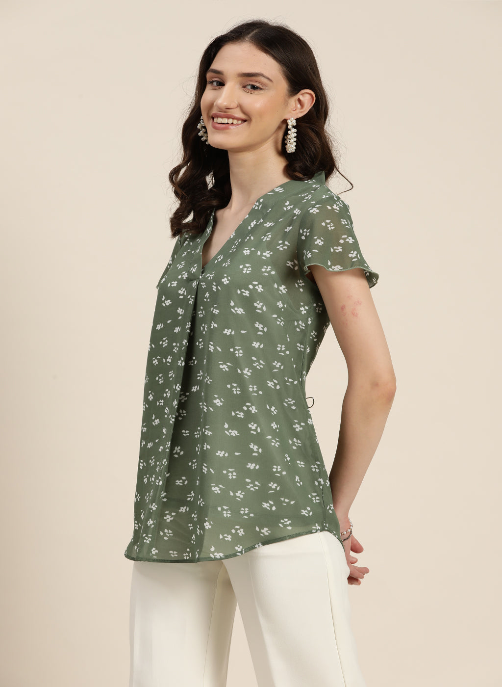 Olive Floral Georgette V-neck Top