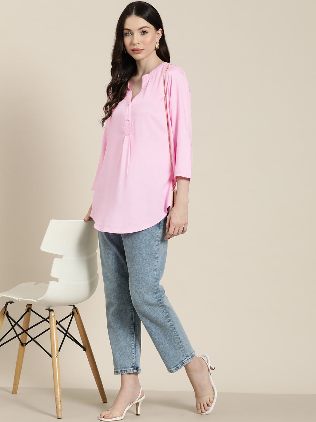 Pink rayon half placket shirt