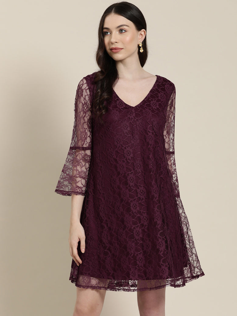 Burgundy Floral net A line dress