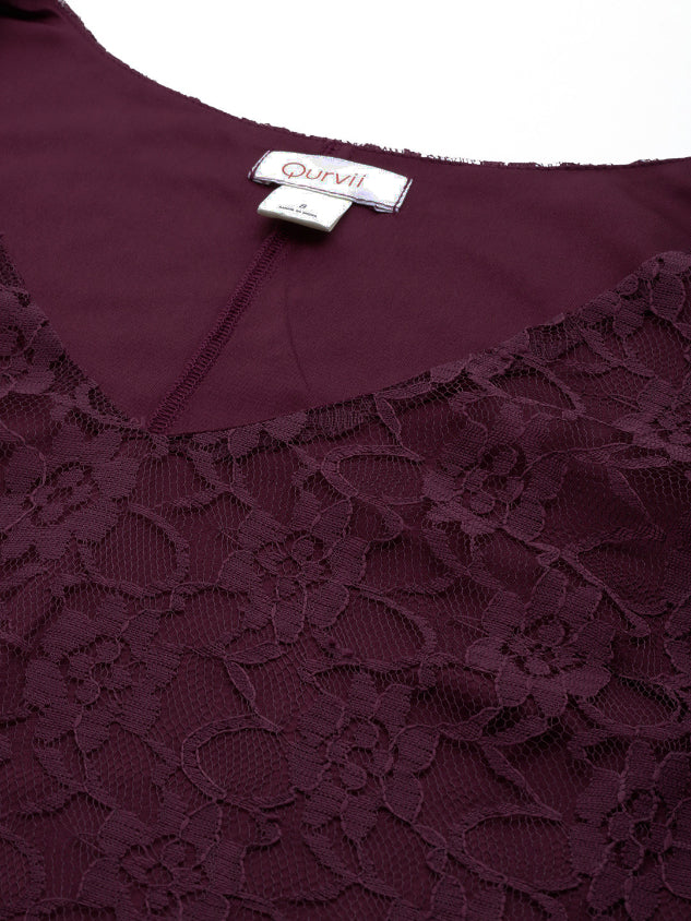 Burgundy Floral net A line dress