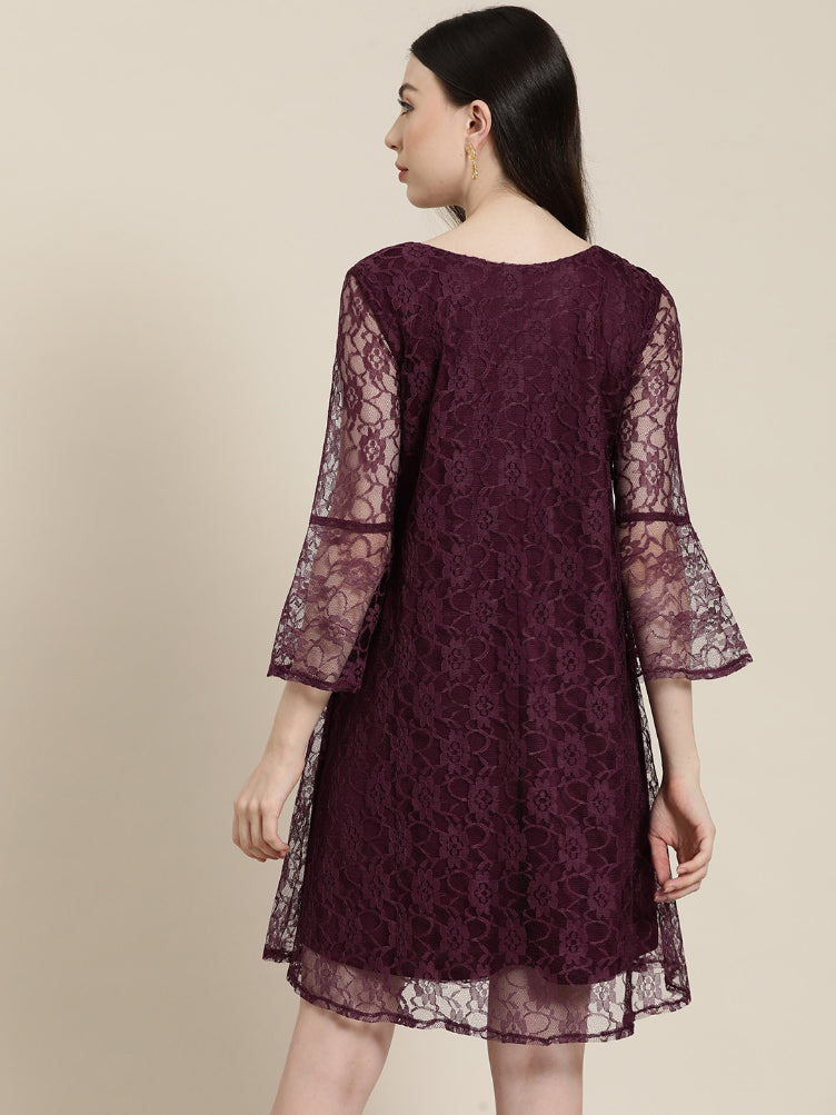 Burgundy Floral net A line dress