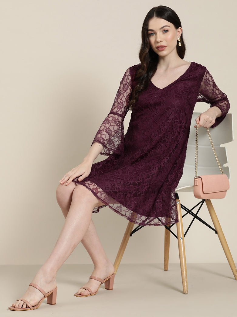 Burgundy Floral net A line dress