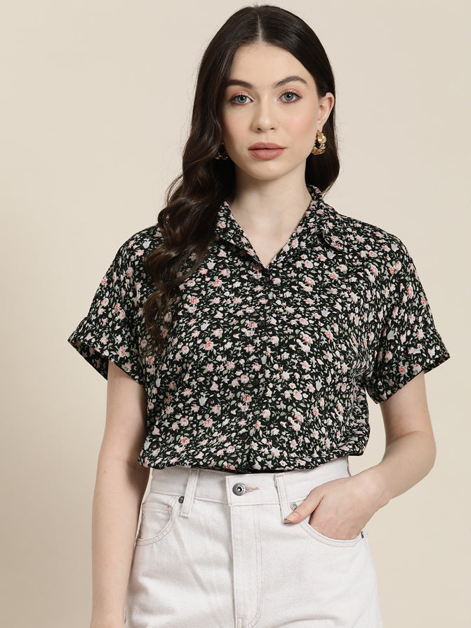 Black floral drop shoulder collar shirt