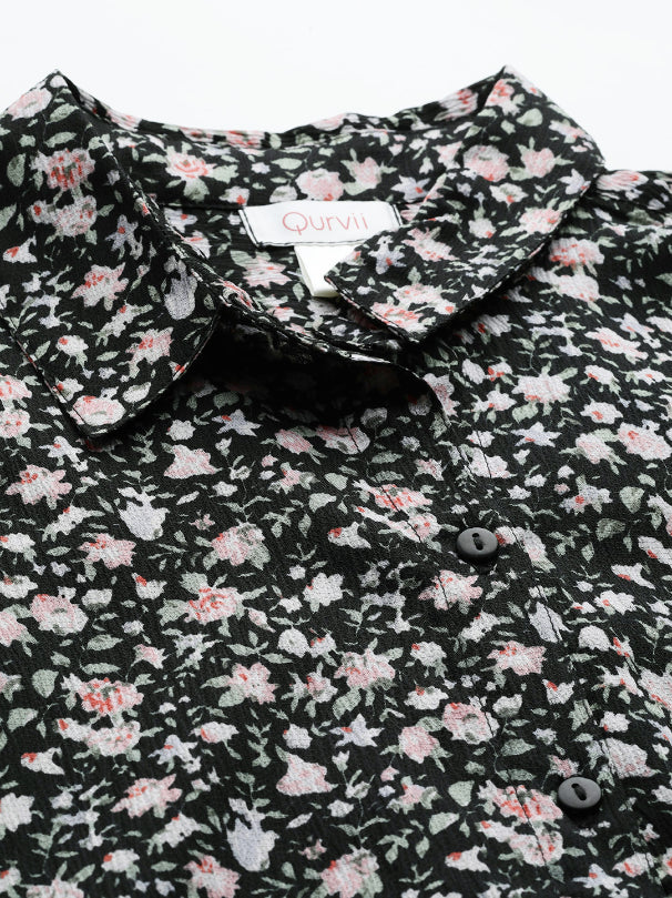 Black floral drop shoulder collar shirt