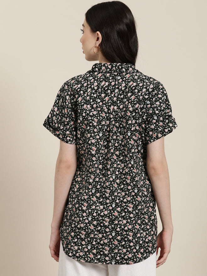 Black floral drop shoulder collar shirt