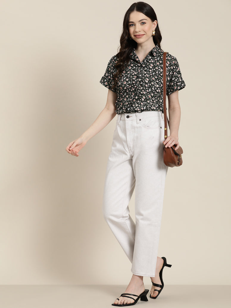 Black floral drop shoulder collar shirt