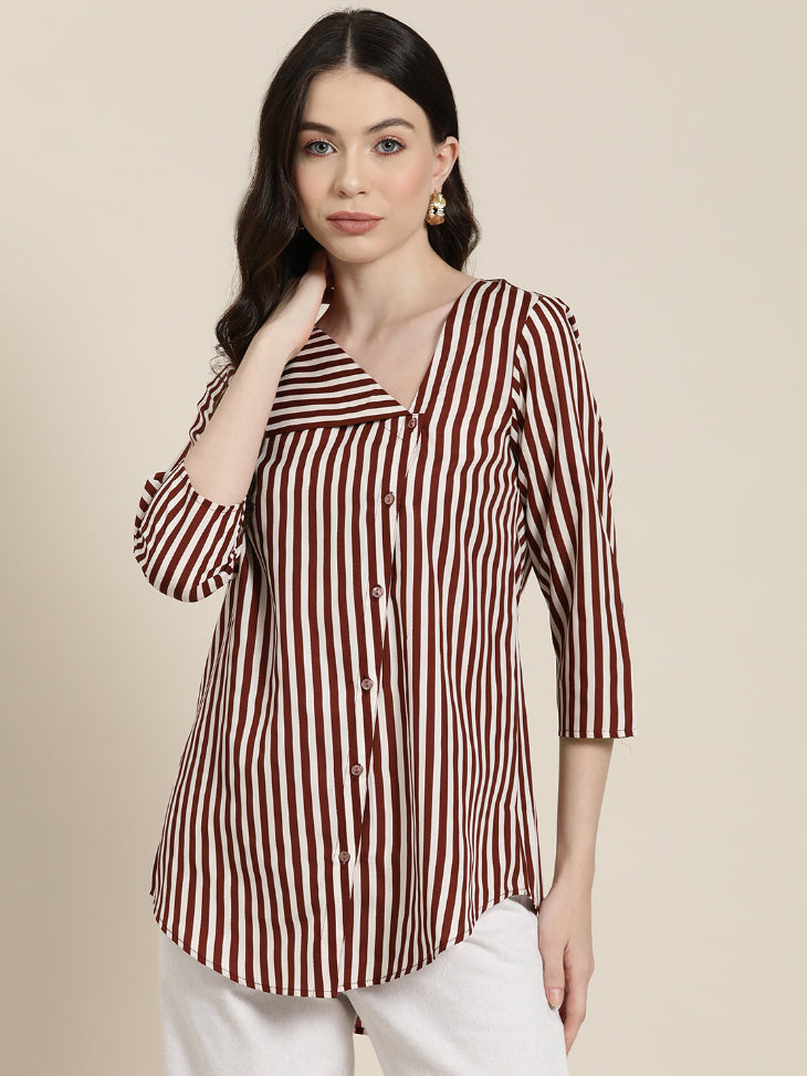 Wine and white striped flap collar shirt